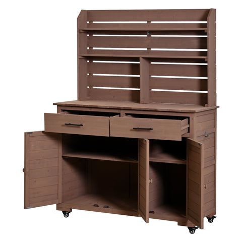 65"H Large Garden Potting Bench, Wood Outdoor Kitchen Island Prep Cart with Lockable Wheel, Hutch Top, Storage Cabinet