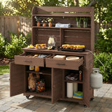 65"H Large Garden Potting Bench, Wood Outdoor Kitchen Island Prep Cart with Lockable Wheel, Hutch Top, Storage Cabinet