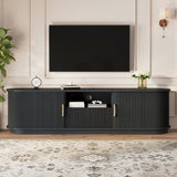 TV Stand with Sliding Slatted Doors, Farmhouse Fluted Media Console with Storage Drawer, Curved Entertainment Center