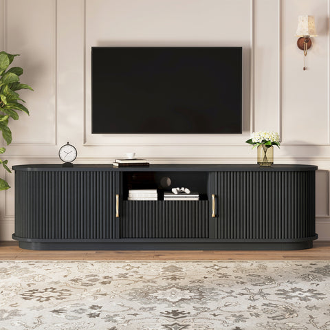 TV Stand with Sliding Slatted Doors, Farmhouse Fluted Media Console with Storage Drawer, Curved Entertainment Center