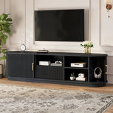 TV Stand with Sliding Slatted Doors, Farmhouse Fluted Media Console with Storage Drawer, Curved Entertainment Center
