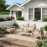 4pcs Outdoor Sofa Set Patio Conversation Set Garden Wicker Chat Set with Club Chairs, Coffee Table & Cushions, Beige & Light White & Brown