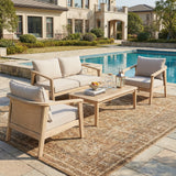 4pcs Outdoor Sofa Set Patio Conversation Set Garden Wicker Chat Set with Club Chairs, Coffee Table & Cushions, Beige & Light White & Brown