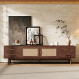 70" Modern Rattan TV Stand, Media Console for TVs up to 80", Entertainment Center with 4 Drawers & Cable Management, Dark Brown