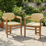 Set of 2 Outdoor Woven Rattan Accent Chairs, Acacia Wood Frame Dining Chairs, Ergonomic Patio Chairs for Garden/Balcony, Natural