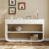 Curved Console Table Entryway Table Sofa Side Table Display Stand Accent Table with 3 Soft-Close Drawers & 2 Open Shelves, White