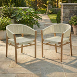 2pcs Outdoor Woven Rope Accent Chair, Acacia Wood Frame Curved Backrest Patio Dining Chairs for Garden/Balcony