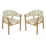 2pcs Outdoor Woven Rope Accent Chair, Acacia Wood Frame Curved Backrest Patio Dining Chairs for Garden/Balcony