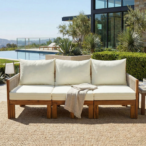 3-Seat Convertible Outdoor Daybed, Acacia Wood Frame Patio Sofa Bed with Waterproof Cushions & Rope-Woven Armrests