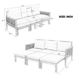 3-Seat Convertible Outdoor Daybed, Acacia Wood Frame Patio Sofa Bed with Waterproof Cushions & Rope-Woven Armrests