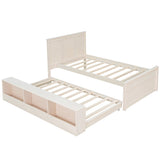 Twin Size Wood Platform Bed Frame with Pull Out Trundle & Storage Cabinet for Bedroom, Living Room