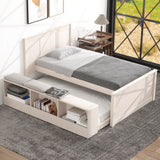 Twin Size Wood Platform Bed Frame with Pull Out Trundle & Storage Cabinet for Bedroom, Living Room