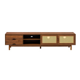 79" TV Stand for TVs up to 85", TV Console Media Console Walnut TV Cabinet Media Entertainment Center with Rattan Soft-close Door&Drawers