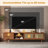 79" TV Stand for TVs up to 85", TV Console Media Console Walnut TV Cabinet Media Entertainment Center with Rattan Soft-close Door&Drawers