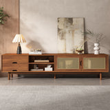 79" TV Stand for TVs up to 85", TV Console Media Console Walnut TV Cabinet Media Entertainment Center with Rattan Soft-close Door&Drawers
