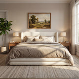 King Size Bed Frame with Wingback Headboard, Modern Boucle Upholstered Platform Bed, White