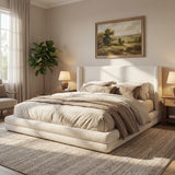 King Size Bed Frame with Wingback Headboard, Modern Boucle Upholstered Platform Bed, White