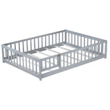 Full Size Floor Bed with Safety Fence and Door, Rubber Wood Bed Frame for Kids