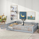 Full Size Floor Bed with Safety Fence and Door, Rubber Wood Bed Frame for Kids