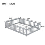 Full Size Floor Bed with Safety Fence and Door, Rubber Wood Bed Frame for Kids