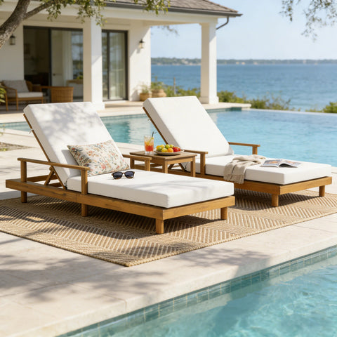 1pc Acacia Wood Outdoor Chaise Lounge, 4" Ultra-Thick Cushion Patio Sun Lounger, 3-Position Adjustable Reclining Chair