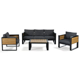 4pcs Outdoor Sofa Set Patio Conversation Set Garden Seating Set for 5 with Coffee Table, Sofa & 2 Armchairs with Fold-Out Side Table