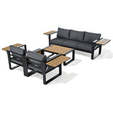 4pcs Outdoor Sofa Set Patio Conversation Set Garden Seating Set for 5 with Coffee Table, Sofa & 2 Armchairs with Fold-Out Side Table