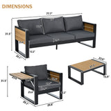 4pcs Outdoor Sofa Set Patio Conversation Set Garden Seating Set for 5 with Coffee Table, Sofa & 2 Armchairs with Fold-Out Side Table