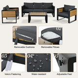 4pcs Outdoor Sofa Set Patio Conversation Set Garden Seating Set for 5 with Coffee Table, Sofa & 2 Armchairs with Fold-Out Side Table