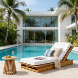 38" Extra Wide Acacia Wood Outdoor Chaise Lounge, 4" Thick Cushion Sun Lounger with 3-Position Reclining, 1pc Modern Patio Daybed