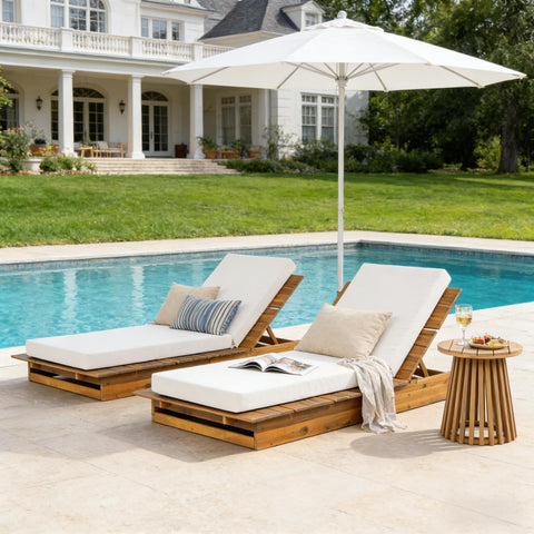 38" Extra Wide Acacia Wood Outdoor Chaise Lounge, 4" Thick Cushion Sun Lounger with 3-Position Reclining, 1pc Modern Patio Daybed
