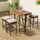 5-Piece Outdoor Bar Height Dining Set, Acacia Wood Foldable Table & Cushioned Stools, All-Weather Patio Bistro Set, Brown