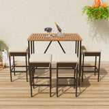 5-Piece Outdoor Bar Height Dining Set, Acacia Wood Foldable Table & Cushioned Stools, All-Weather Patio Bistro Set, Brown