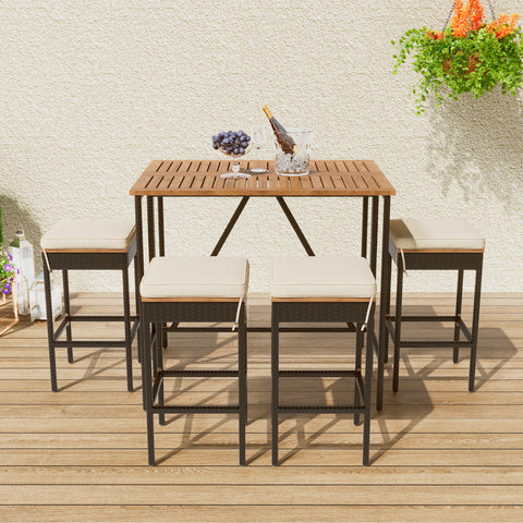 5-Piece Outdoor Bar Height Dining Set, Acacia Wood Foldable Table & Cushioned Stools, All-Weather Patio Bistro Set, Brown