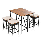 5-Piece Outdoor Bar Height Dining Set, Acacia Wood Foldable Table & Cushioned Stools, All-Weather Patio Bistro Set, Brown