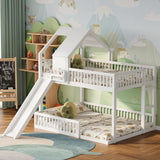 Full XL Over Queen House Bunk Bed with Slide & Ladder, Solid Wood Kids Playhouse Bunk Bed Frame
