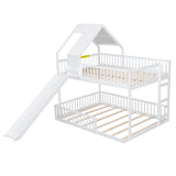 Full XL Over Queen House Bunk Bed with Slide & Ladder, Solid Wood Kids Playhouse Bunk Bed Frame