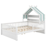 Twin Size Wooden House Bed with Storage Headboard, Solid Pine Kids Bed Frame with Guardrails