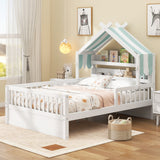 Twin Size Wooden House Bed with Storage Headboard, Solid Pine Kids Bed Frame with Guardrails