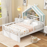Twin Size Wooden House Bed with Storage Headboard, Solid Pine Kids Bed Frame with Guardrails