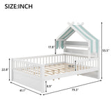Twin Size Wooden House Bed with Storage Headboard, Solid Pine Kids Bed Frame with Guardrails