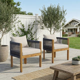 2 pcs Patio Chairs, Outdoor Acacia Wood Dining Chairs Accent Chairs with Soft Cushions, Rope Back and Arms, Black+Natural
