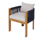 2 pcs Patio Chairs, Outdoor Acacia Wood Dining Chairs Accent Chairs with Soft Cushions, Rope Back and Arms, Black+Natural