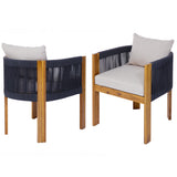2 pcs Patio Chairs, Outdoor Acacia Wood Dining Chairs Accent Chairs with Soft Cushions, Rope Back and Arms, Black+Natural