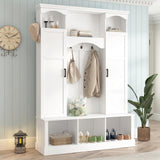 Modern All-in-One Hall Tree with Adjustable Shelves, Farmhouse Storage Bench with 7 Hooks & Side Cabinets, Entryway Organizer
