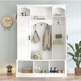 Modern All-in-One Hall Tree with Adjustable Shelves, Farmhouse Storage Bench with 7 Hooks & Side Cabinets, Entryway Organizer
