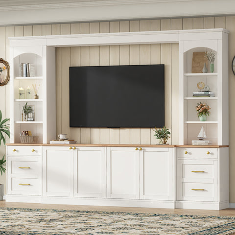 Farmhouse Arched Entertainment Center Wall Unit, Fits TVs Up to 70", Large TV Stand Media Console with Drawers & Bookshelves