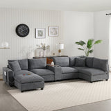 Convertible U-Shaped Sectional Sofa Oversized Modular Sofa Upholstered Corner Sofa Couch with Movable Storage Ottoman, Cup Holder, USB Port