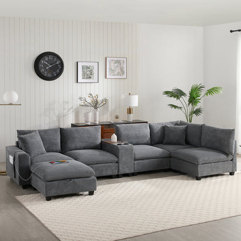 Convertible U-Shaped Sectional Sofa Oversized Modular Sofa Upholstered Corner Sofa Couch with Movable Storage Ottoman, Cup Holder, USB Port