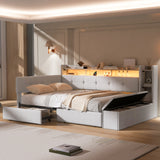 Twin Size Upholstered Daybed with Storage Footstool, LED Light & USB Charging, Linen Sofa Bed with Drawers